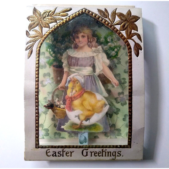 Easter Postcard Foldout 3-D Clear Window Victorian Girl Baby Chick Basket Diecut - Picture 4 of 6